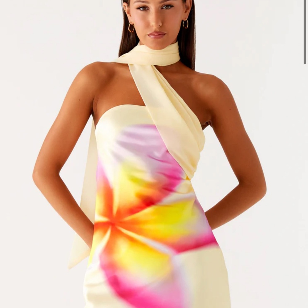 Strapless Yellow Tie-Dye Floral Satin Dress